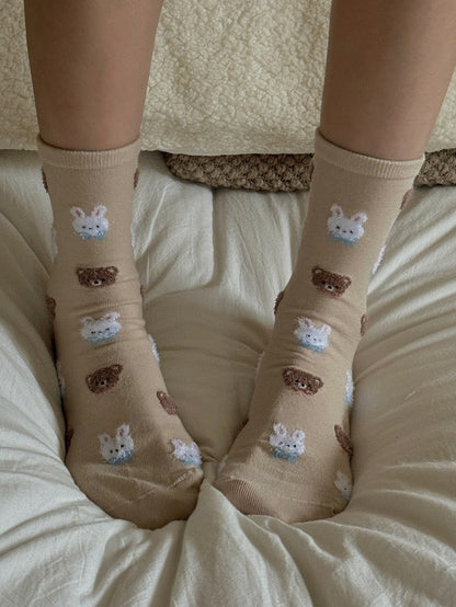 Milk White/Light Pink/Light Coffee/Black Sweet Bunny Bear Bowknot Calf Socks
