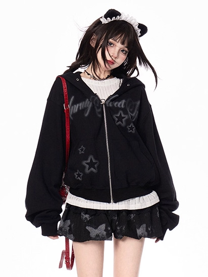 Black Letter and Star Print Zip-up Hoodie for Autumn