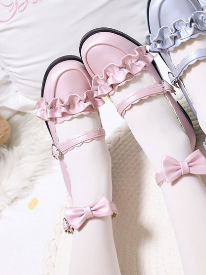 Pink Ruffles Trim Bowknot Decorated Heart Buckles Lolita Shoes