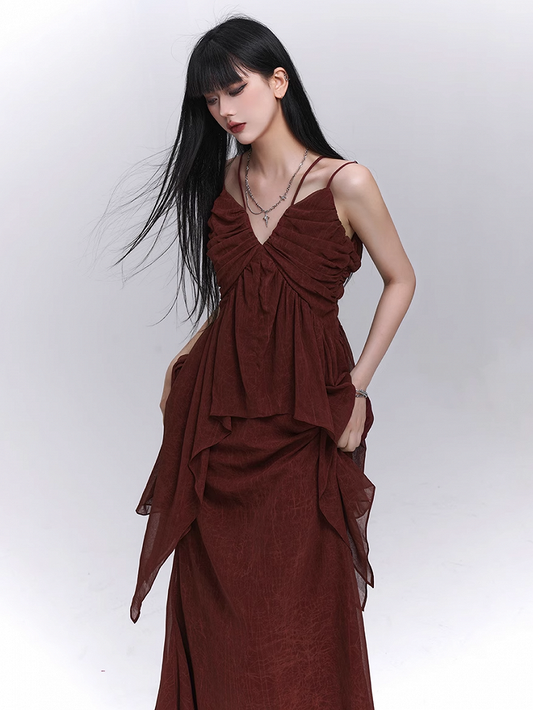 Dark Red V-neck Handkerchief Hem Cami Top