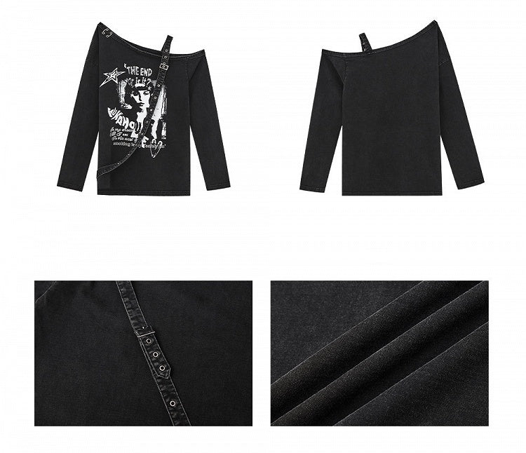 Punk Y2K Black Asymmetrical Cutout Shoulder Top