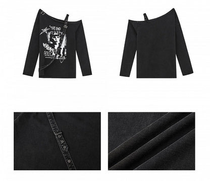 Punk Y2K Black Asymmetrical Cutout Shoulder Top