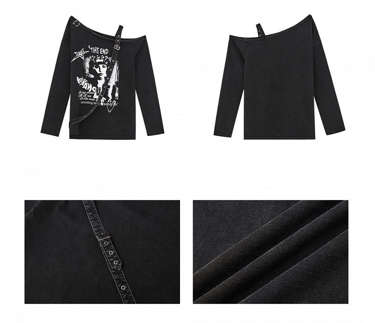 Punk Y2K Black Asymmetrical Cutout Shoulder Top