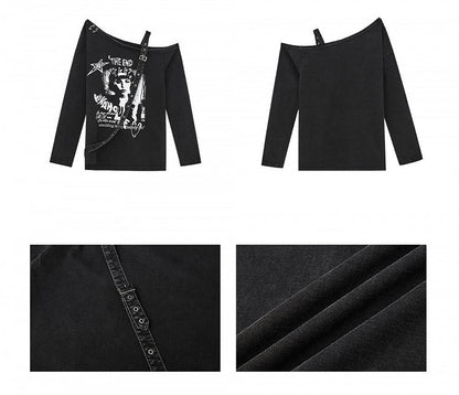 Punk Y2K Black Asymmetrical Cutout Shoulder Top