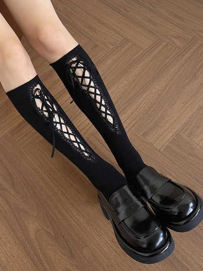 White/Black Lace-up Detail Under-Knee Stockings