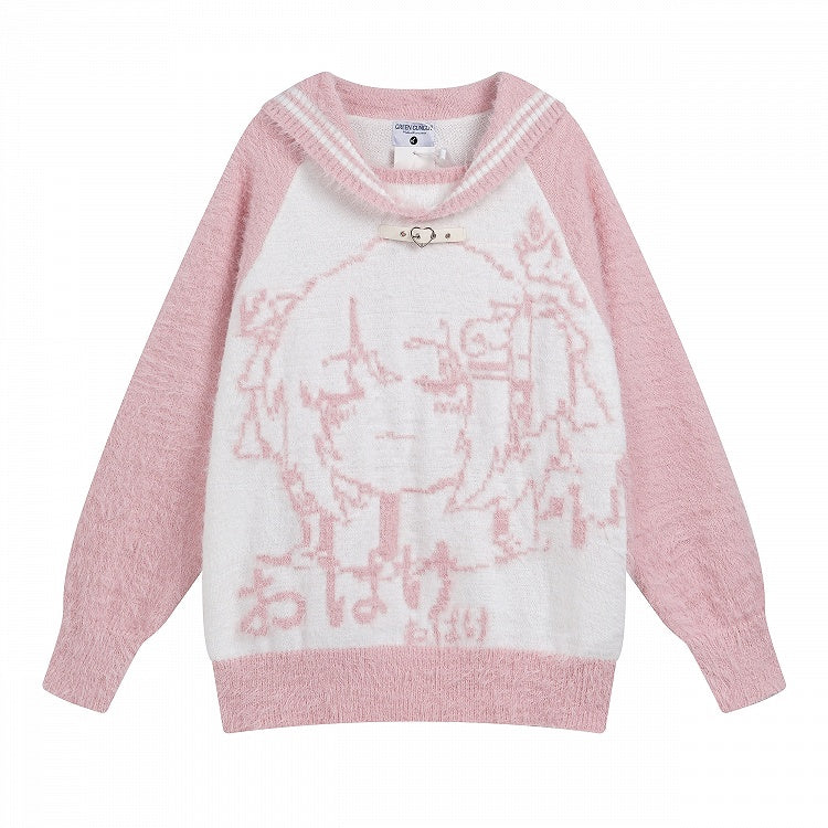 Black/Blue/Pink Sailor Collar Plush Sweater with Cartoon Girl Design - Oversized Fit