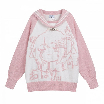 Black/Blue/Pink Sailor Collar Plush Sweater with Cartoon Girl Design - Oversized Fit