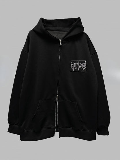 Black Two-way Zip Placket Letter Applique Jacket