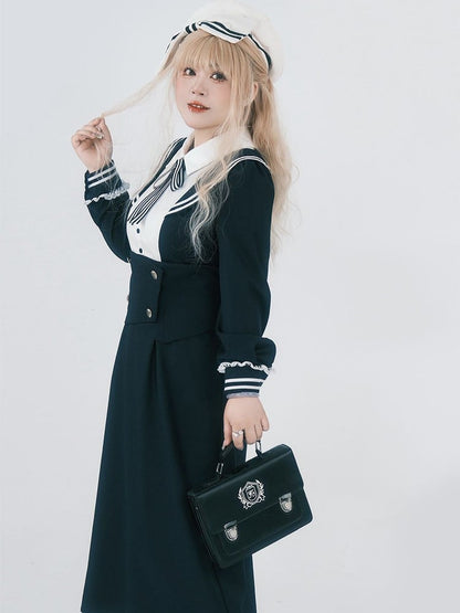 Plus Size JK Uniform Preppy Black Faux Two-Piece Midi Dress with Sailor Collar & Striped Accents