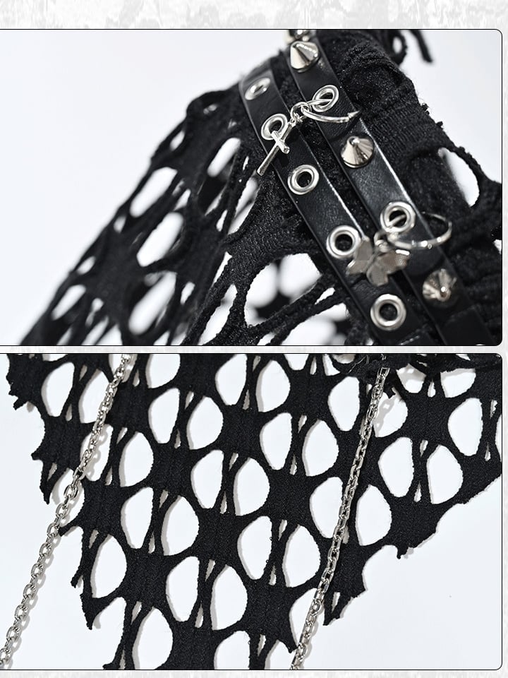 Grunge Punk Rock Black Studs Design Mesh Triangle Scarf KC Cross Charms Chain Detail