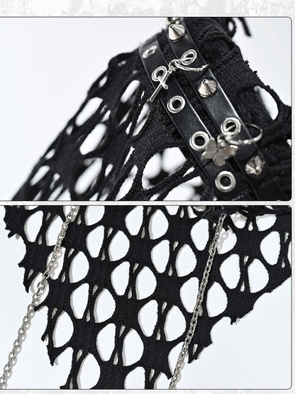 Grunge Punk Rock Black Studs Design Mesh Triangle Scarf KC Cross Charms Chain Detail