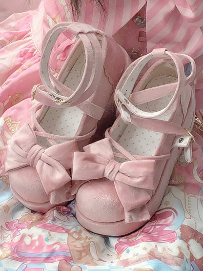 Velvet Pink Sweet Lolita Platform Mary Janes - Bow Accents, Crisscross Straps & Heart Buckle