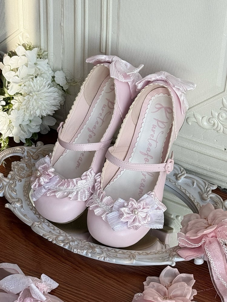 Sakura Pink Sweet Lolita Mary Janes - Low-heel Design with Floral Elements, Bow Accents & Ruffled Details