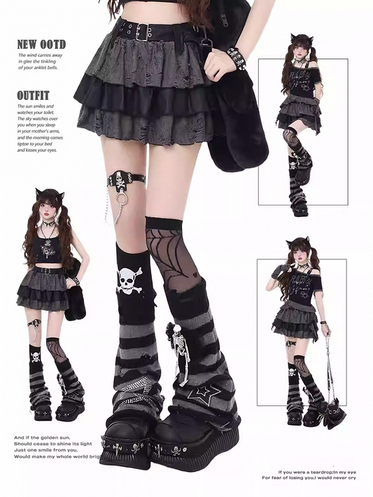 Gray Distressed Holes Lined Tiered Skirt