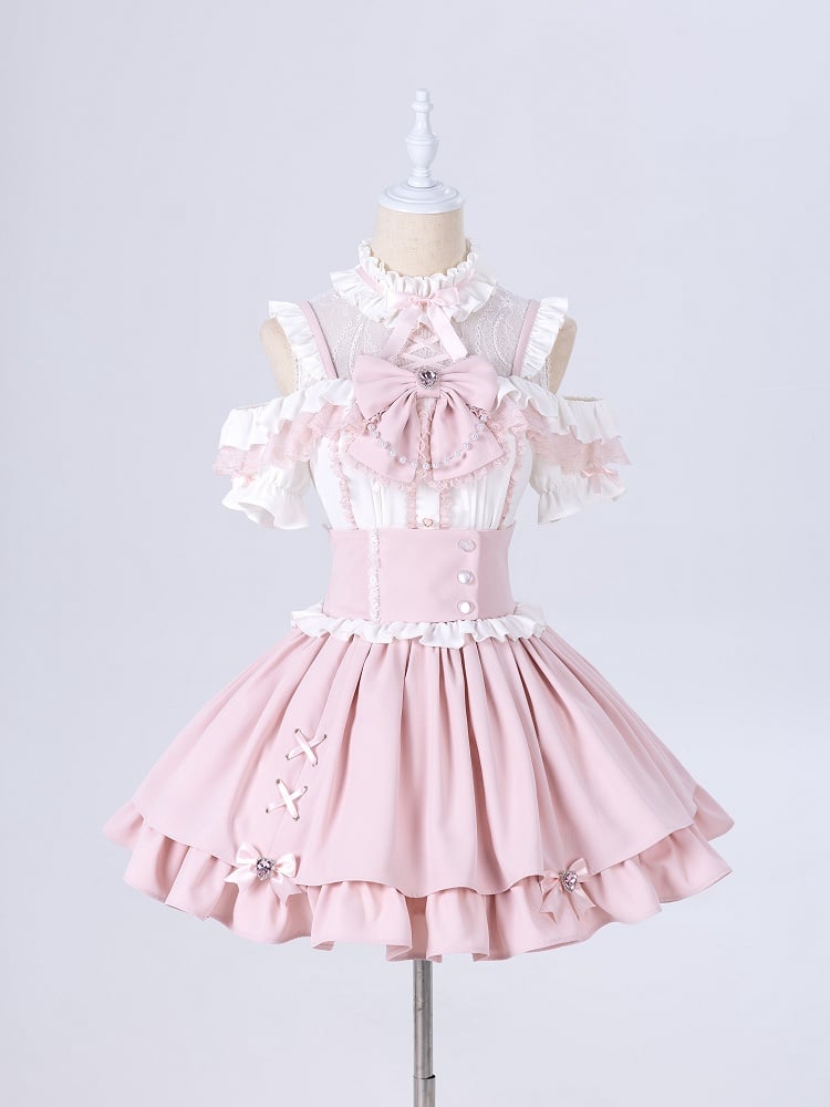 Sweet Pink Jirai Kei High Waist Layered Skirt Smocked Elastic and Self-tie Bow Back