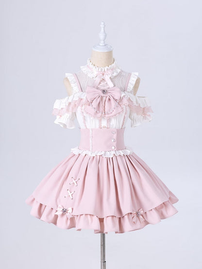 Sweet Pink Jirai Kei High Waist Layered Skirt Smocked Elastic and Self-tie Bow Back