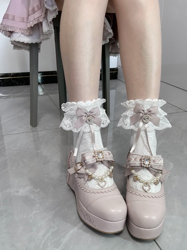 Jirai Kei Dusty Pink Bowknot and Heart Rhinestone Decoration Lace Cuffs White Cotton Ankle Socks
