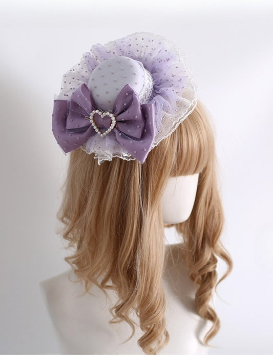 Purple Beaded Heart Decorated Bowknot Design Polka-dot Pattern Lace Trim Mini Hat