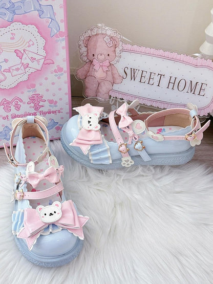 Sweet Blue Flat Shoes for Lolita Style with PU 3cm Flat, Teddy Motifs & Heart Decor