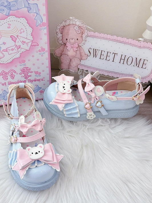 Sweet Blue Flat Shoes for Lolita Style with PU 3cm Flat, Teddy Motifs & Heart Decor