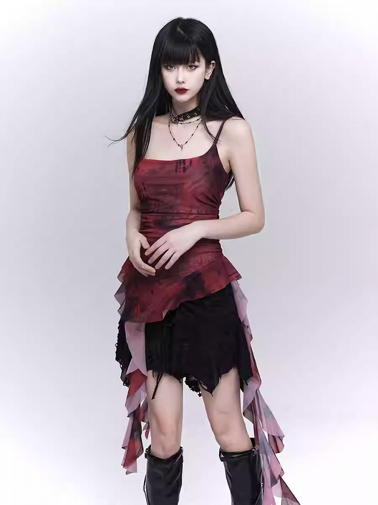 Red Asymmetrical Flounce Hem Glamorous Cami Top