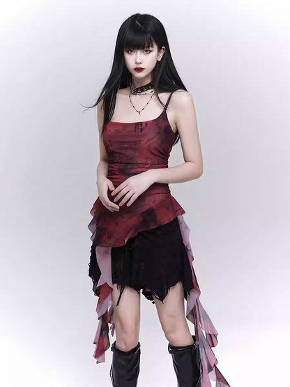 Red Asymmetrical Flounce Hem Glamorous Cami Top