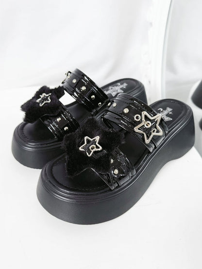 Alt-Goth Black Platform Slippers – Star Buckles, Metal Studs & Fleece Top