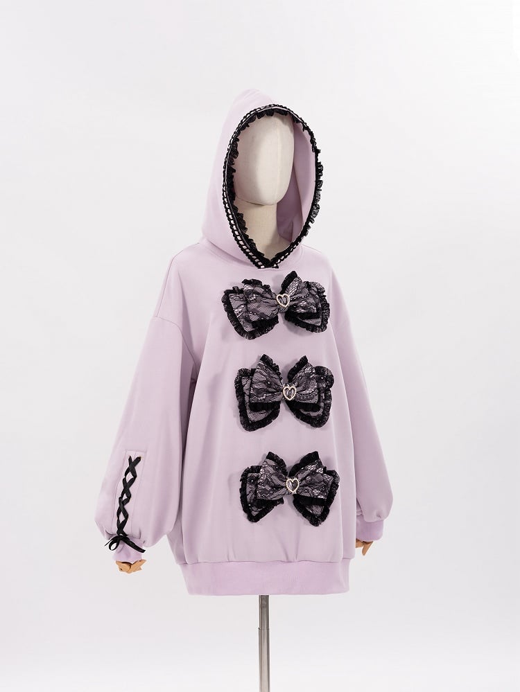Purple Jirai Kei Lace Bows Decorated Landmine Style Hoodie