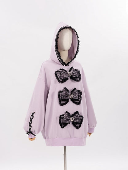 Purple Jirai Kei Lace Bows Decorated Landmine Style Hoodie