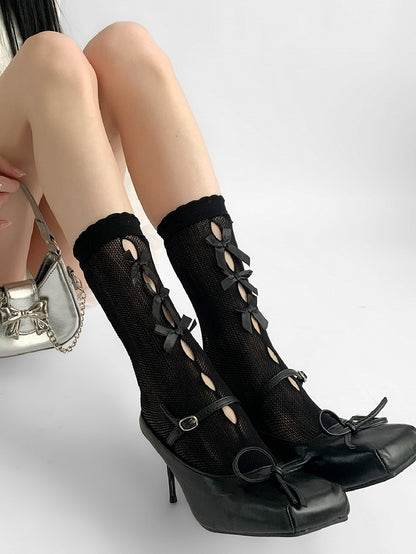 All White/Black&White/All Black Bowknot Details Cut-out Design Calf Socks