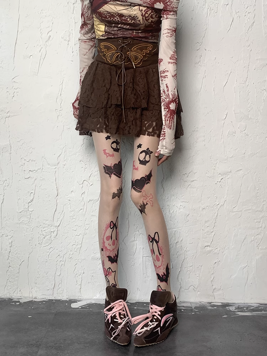 Y2K Skull and Heart Print Nude Sweet Grunge Tights