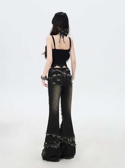 Y2K Black Distressed Holes Raw Hem Rhinestone Details Cuffs Flared Jeans