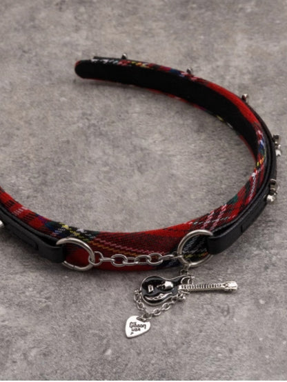 Red And Black Plaid Pattern With Chain And Guitar Charm Design KC