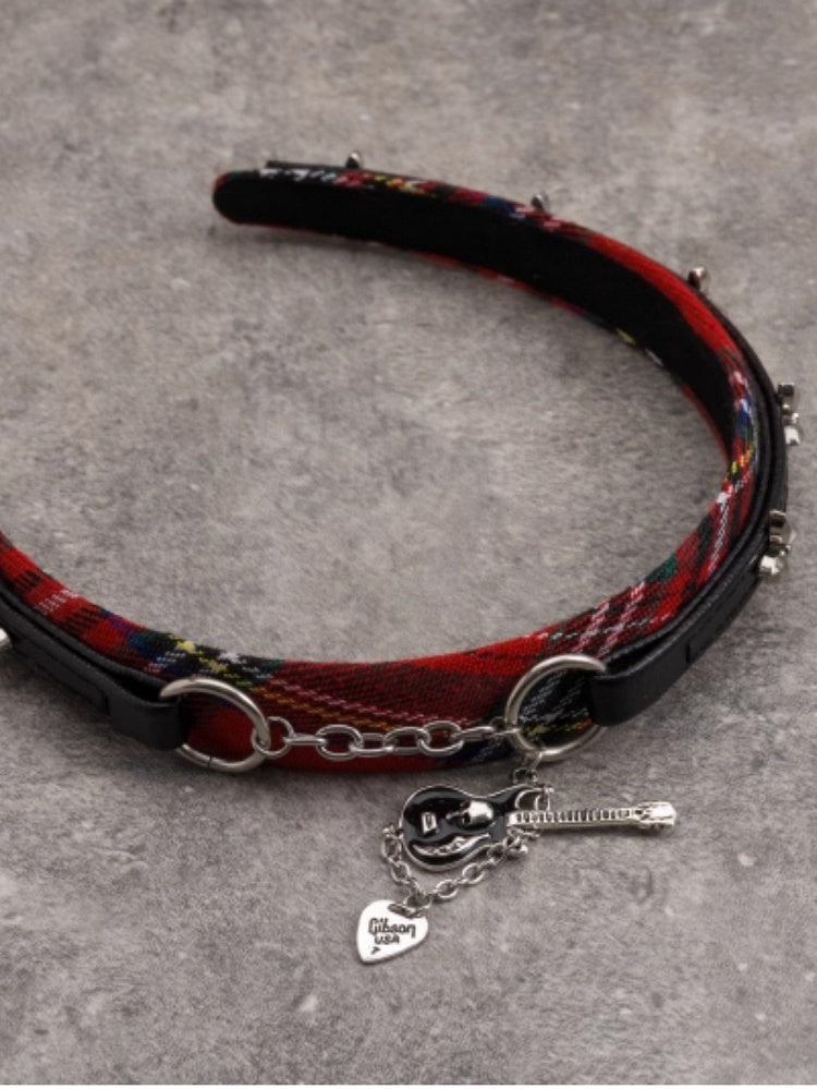 Red And Black Plaid Pattern With Chain And Guitar Charm Design KC