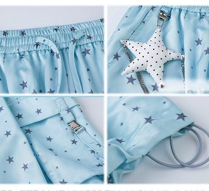 Allover Star Print Drawstring Waist Blue Wide-leg Cargo Pants