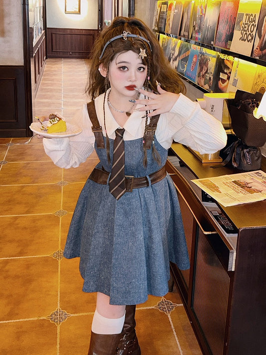 Plus Size White Shirt / Blue Denim Overalls Pleated Skirt