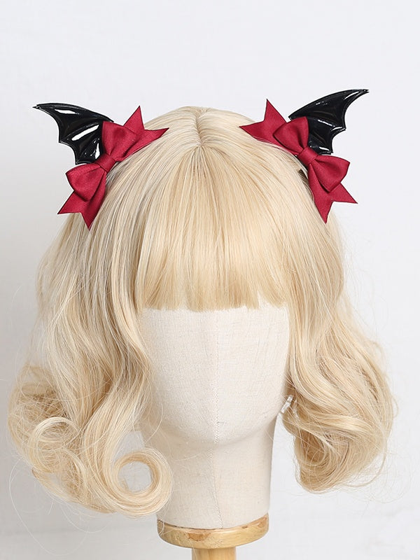 A Pair of Gothic Lolita Black Polished Bat Wing Hairclips with Dark Red / Black / Dark Blue Bowknot Decorations