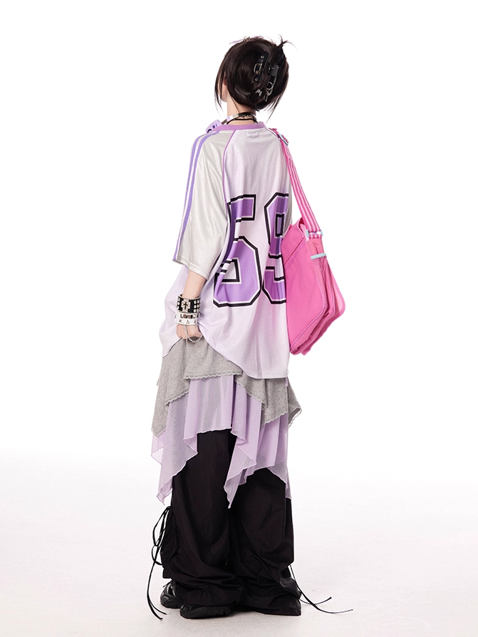 Gray and Purple Colorblock Elastic Waist Handkerchief Hem Skirt