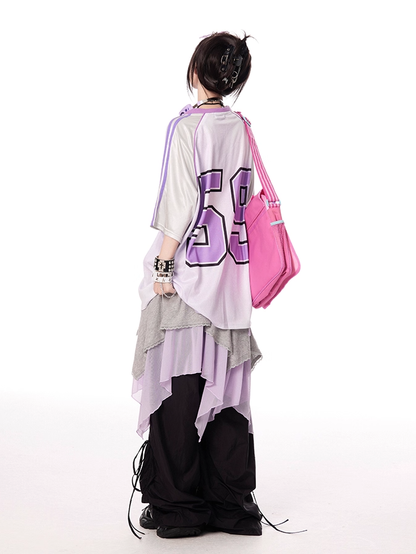 Gray and Purple Colorblock Elastic Waist Handkerchief Hem Skirt