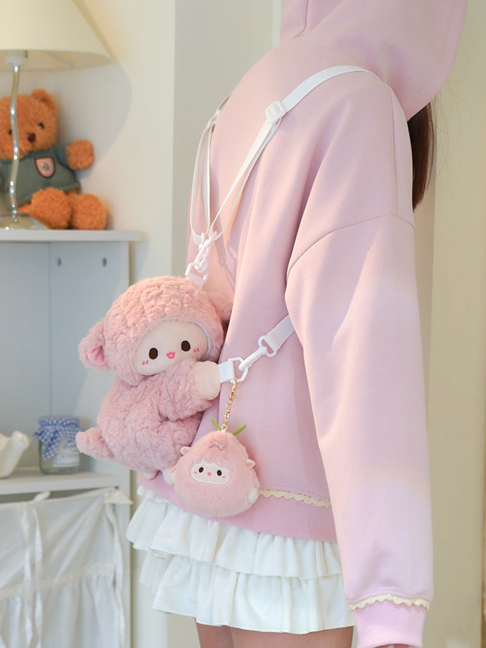Cute Little Lamb Pink Plush Backpack/Crossbody Bag + Keychain