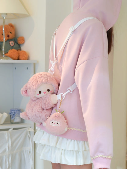 Cute Little Lamb Pink Plush Backpack/Crossbody Bag + Keychain