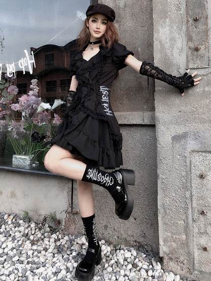 Lace-up Detail Gothic Black High Waist Skirt