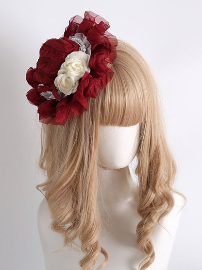 Red Beaded Decorated Camellia Design Lace Trim Mini Hat