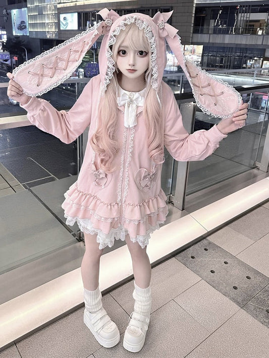 Sweet Pink Jirai Kei Bunny-Eared Hoodie Dress | Tiered Ruffles & Heart Pockets