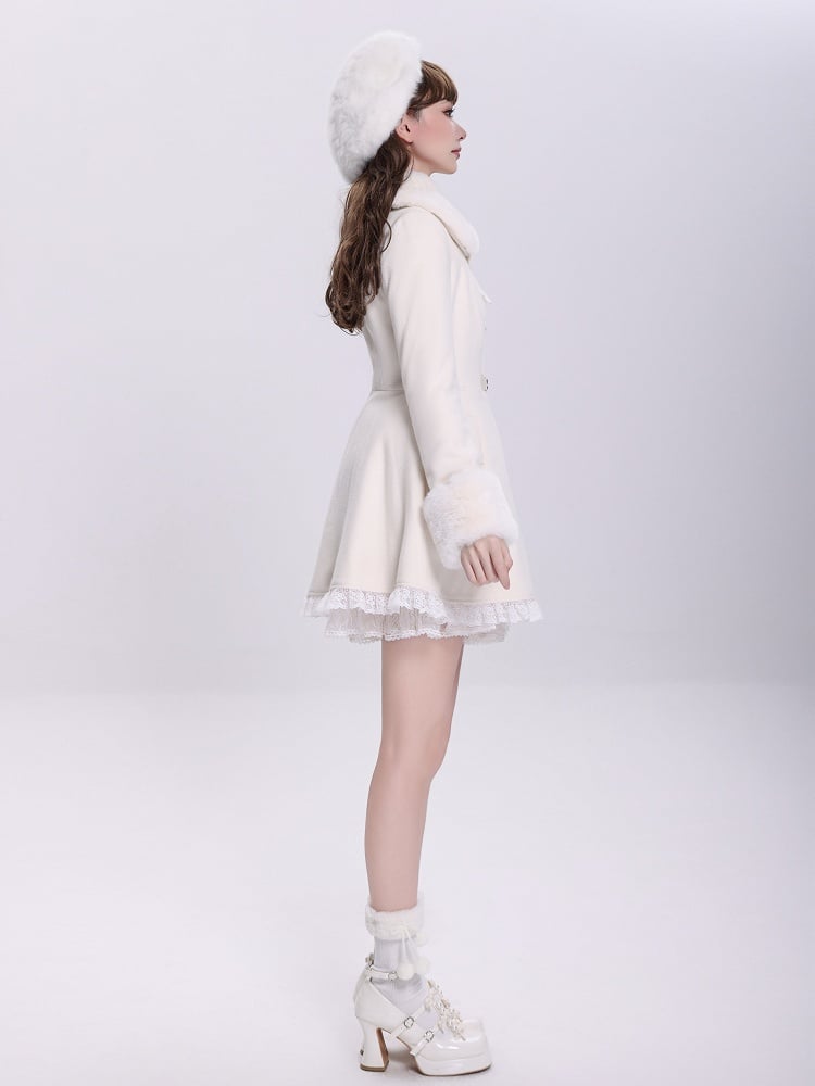 Creamy Jirai Kei Butterfly Buckles Closure Coat with Detachable Plush Collar and Cuffs