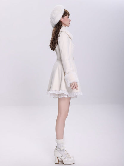 Creamy Jirai Kei Butterfly Buckles Closure Coat with Detachable Plush Collar and Cuffs