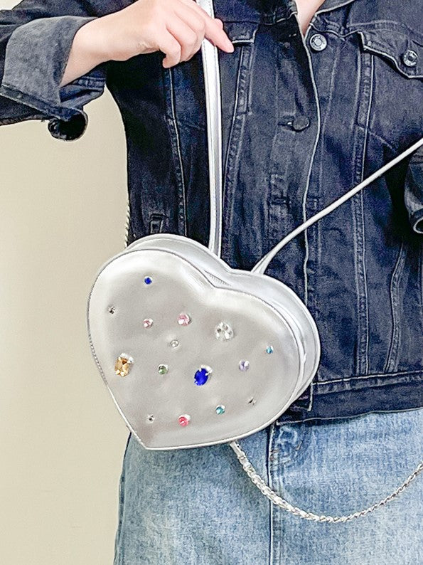 Sparkling Silver Heart-Shaped Backpack With Rhinestone Embellishments