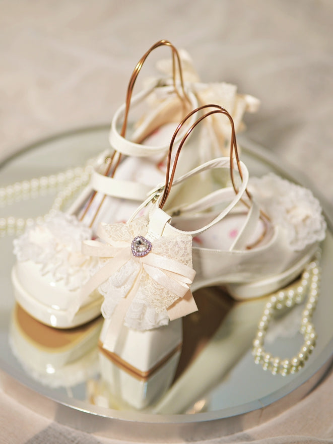 White Knotted Bow at Top Lace Trim Heart Buckles High Block Heels