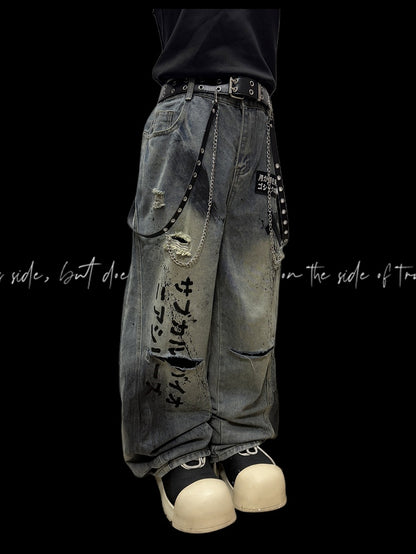 Blue Letter And Cross Applique Distressed Holes Details Wide-leg Cut Jeans