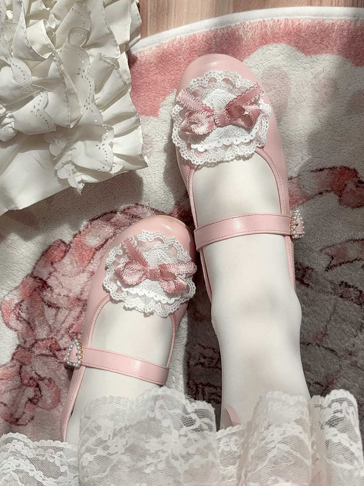 Pink Bow at Top Lace Trim Beaded Heart Buckles Lolita Shoes